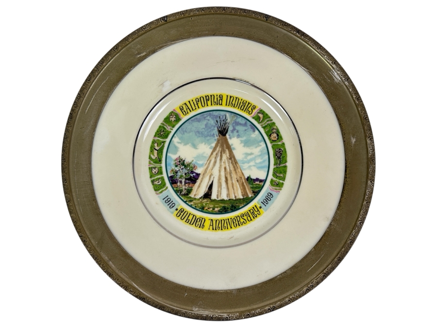 Fisher Sterling Silver Rimmed California Indians Trophy Plate W/ 10.5' Custom California Indians Golden Anniversary 1919-1969 Lenox Plate - Plate Weighs Apx 510g (Total Weight 688g) - Apx Sterling Silver Weight Is 178g - Apx Silver Melt Value = $175 [Photo 1]