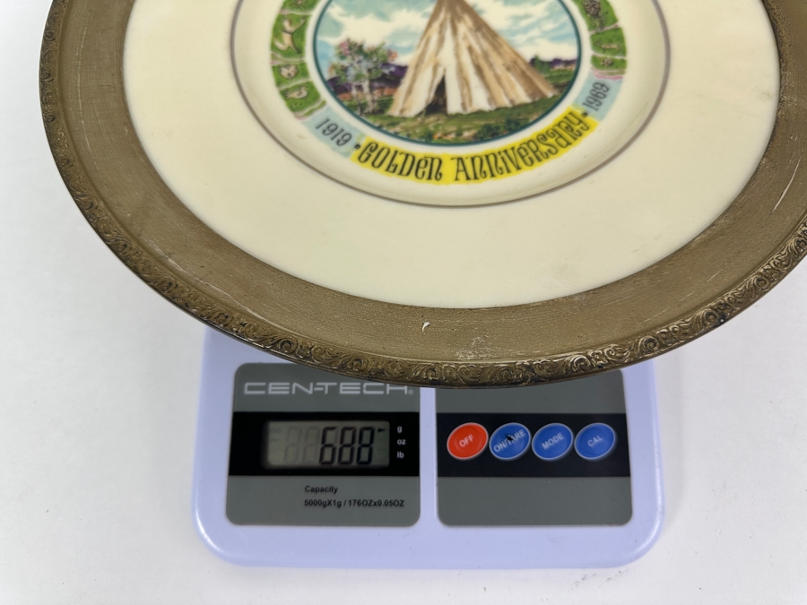 Fisher Sterling Silver Rimmed California Indians Trophy Plate W/ 10.5' Custom California Indians Golden Anniversary 1919-1969 Lenox Plate - Plate Weighs Apx 510g (Total Weight 688g) - Apx Sterling Silver Weight Is 178g - Apx Silver Melt Value = $175 [Photo 8]