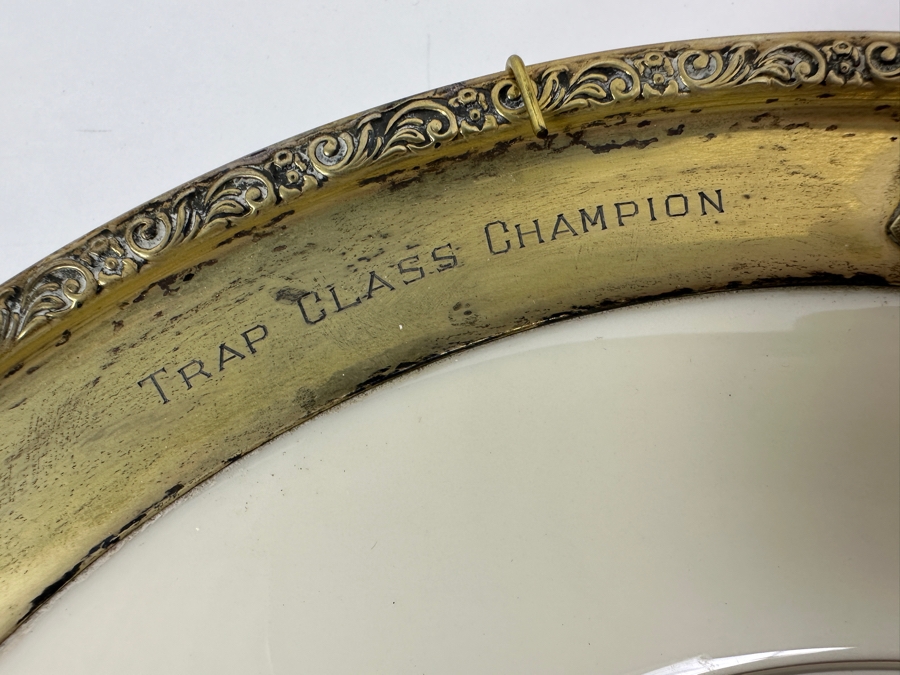 Fisher Sterling Silver Rimmed California Indians Trophy Plate Engraved 'Trap Class Champion' W/ 10.5' Native American Harry Held Lenox Plate - Plate Weighs Apx 510g (Total Weight 721g) - Apx Sterling Silver Weight Is 264g - Apx Silver Melt Value = $207 [Photo 3]