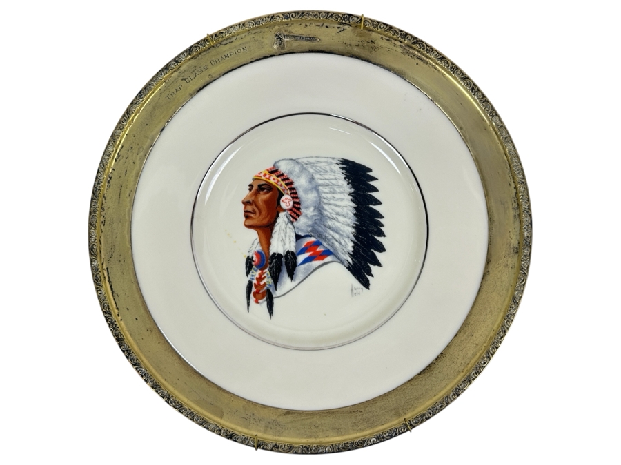 Fisher Sterling Silver Rimmed California Indians Trophy Plate Engraved 'Trap Class Champion' W/ 10.5' Native American Harry Held Lenox Plate - Plate Weighs Apx 510g (Total Weight 721g) - Apx Sterling Silver Weight Is 264g - Apx Silver Melt Value = $207 [Photo 1]