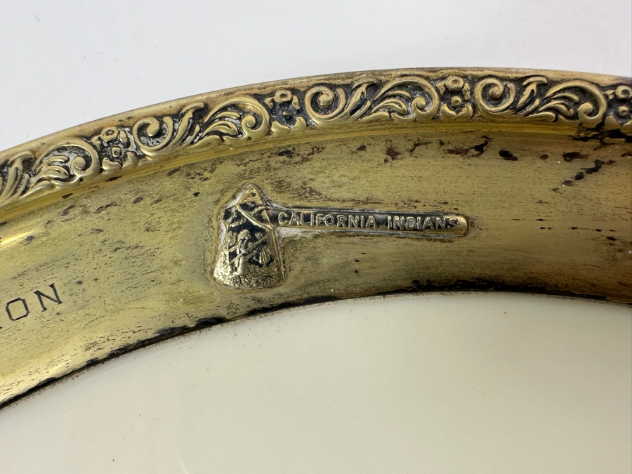 Fisher Sterling Silver Rimmed California Indians Trophy Plate Engraved 'Trap Class Champion' W/ 10.5' Native American Harry Held Lenox Plate - Plate Weighs Apx 510g (Total Weight 721g) - Apx Sterling Silver Weight Is 264g - Apx Silver Melt Value = $207 [Photo 2]