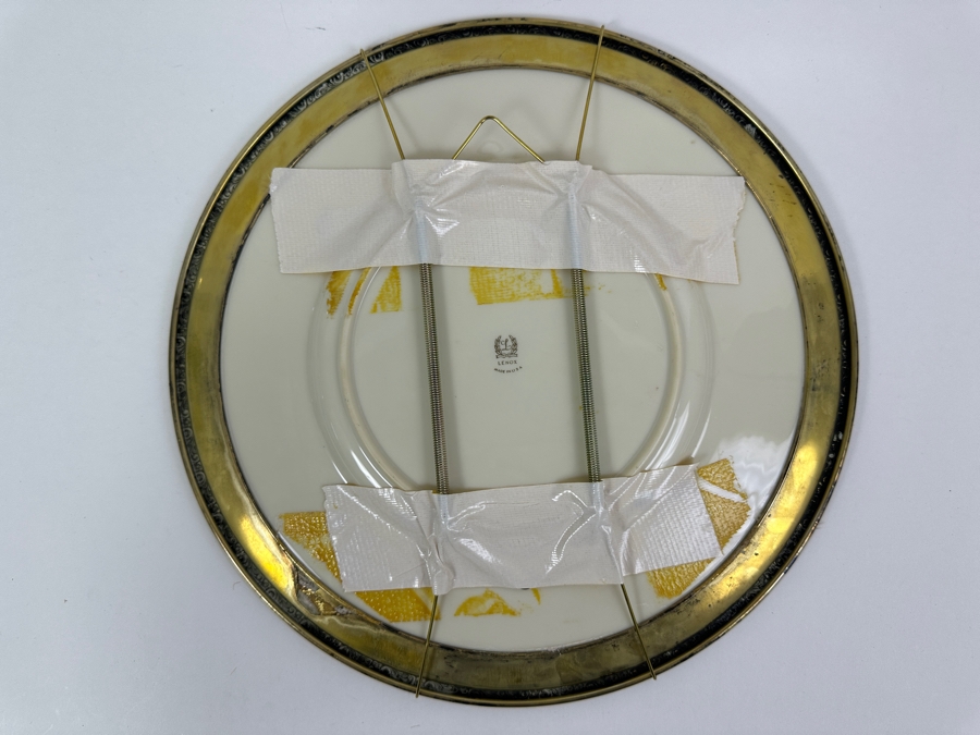 Fisher Sterling Silver Rimmed California Indians Trophy Plate Engraved 'Trap Class Champion' W/ 10.5' Native American Harry Held Lenox Plate - Plate Weighs Apx 510g (Total Weight 721g) - Apx Sterling Silver Weight Is 264g - Apx Silver Melt Value = $207 [Photo 5]