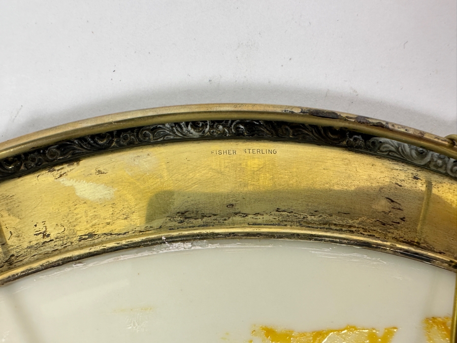 Fisher Sterling Silver Rimmed California Indians Trophy Plate Engraved 'Trap Class Champion' W/ 10.5' Native American Harry Held Lenox Plate - Plate Weighs Apx 510g (Total Weight 721g) - Apx Sterling Silver Weight Is 264g - Apx Silver Melt Value = $207 [Photo 7]