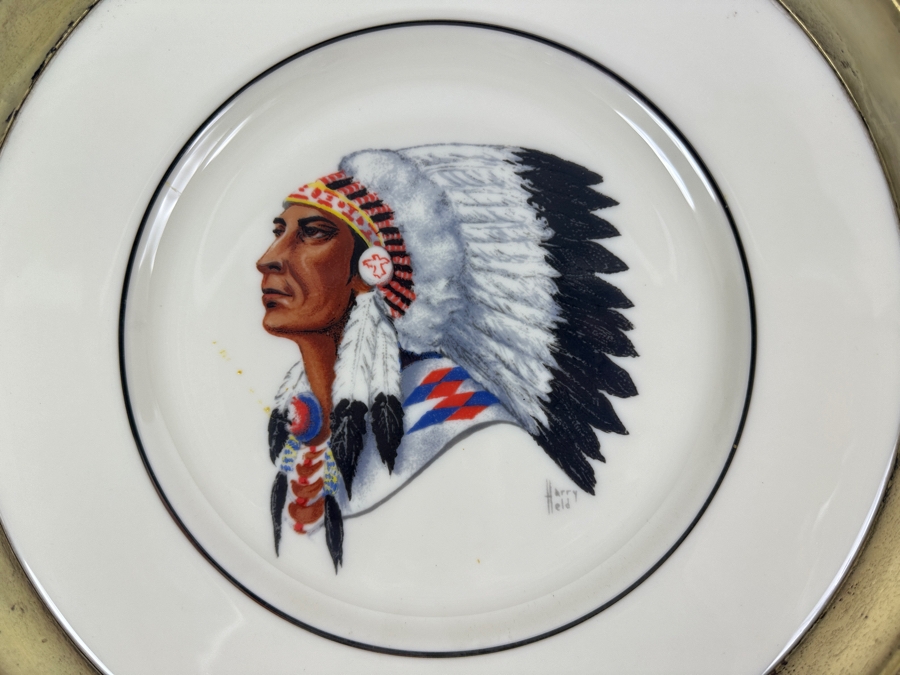 Fisher Sterling Silver Rimmed California Indians Trophy Plate Engraved 'Trap Class Champion' W/ 10.5' Native American Harry Held Lenox Plate - Plate Weighs Apx 510g (Total Weight 721g) - Apx Sterling Silver Weight Is 264g - Apx Silver Melt Value = $207 [Photo 4]