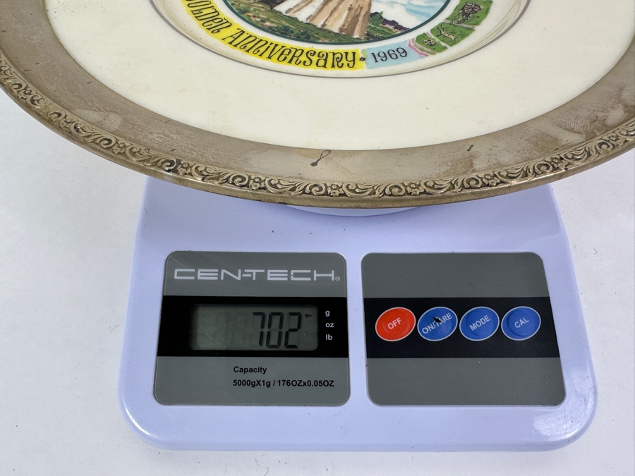 Fisher Sterling Silver Rimmed California Indians Trophy Plate W/ 10.5' Custom California Indians Golden Anniversary 1919-1969 Lenox Plate - Plate Weighs Apx 510g (Total Weight 702g) - Apx Sterling Silver Weight Is 192g - Apx Silver Melt Value = $188 [Photo 7]