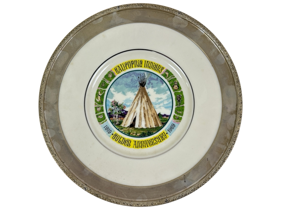 Fisher Sterling Silver Rimmed California Indians Trophy Plate W/ 10.5' Custom California Indians Golden Anniversary 1919-1969 Lenox Plate - Plate Weighs Apx 510g (Total Weight 702g) - Apx Sterling Silver Weight Is 192g - Apx Silver Melt Value = $188 [Photo 1]