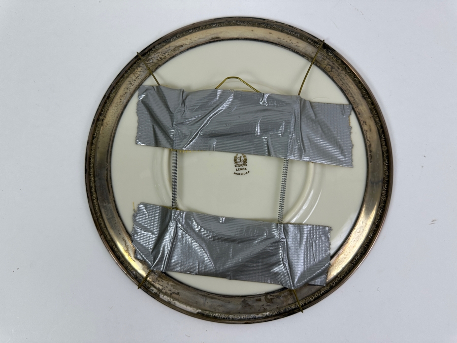 Fisher Sterling Silver Rimmed California Indians Trophy Plate Engraved 'Trapshooting 1964' W/ 8.25' Native American Harry Held Lenox Plate - Plate Weighs Apx 340g (Total Weight 424g) - Apx Sterling Silver Weight Is 84g - Apx Silver Melt Value = $82 [Photo 5]