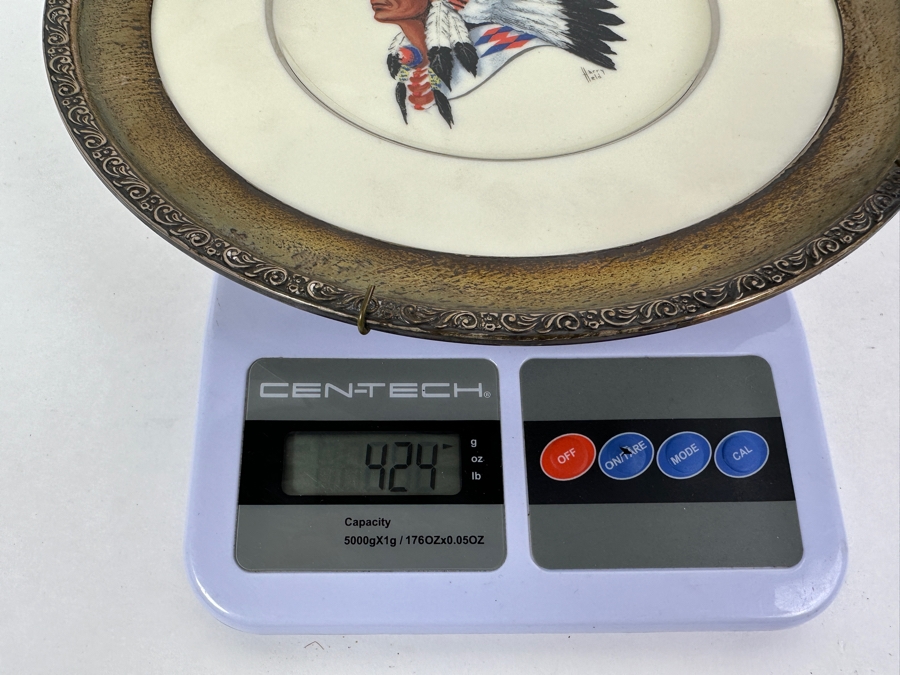 Fisher Sterling Silver Rimmed California Indians Trophy Plate Engraved 'Trapshooting 1964' W/ 8.25' Native American Harry Held Lenox Plate - Plate Weighs Apx 340g (Total Weight 424g) - Apx Sterling Silver Weight Is 84g - Apx Silver Melt Value = $82 [Photo 9]