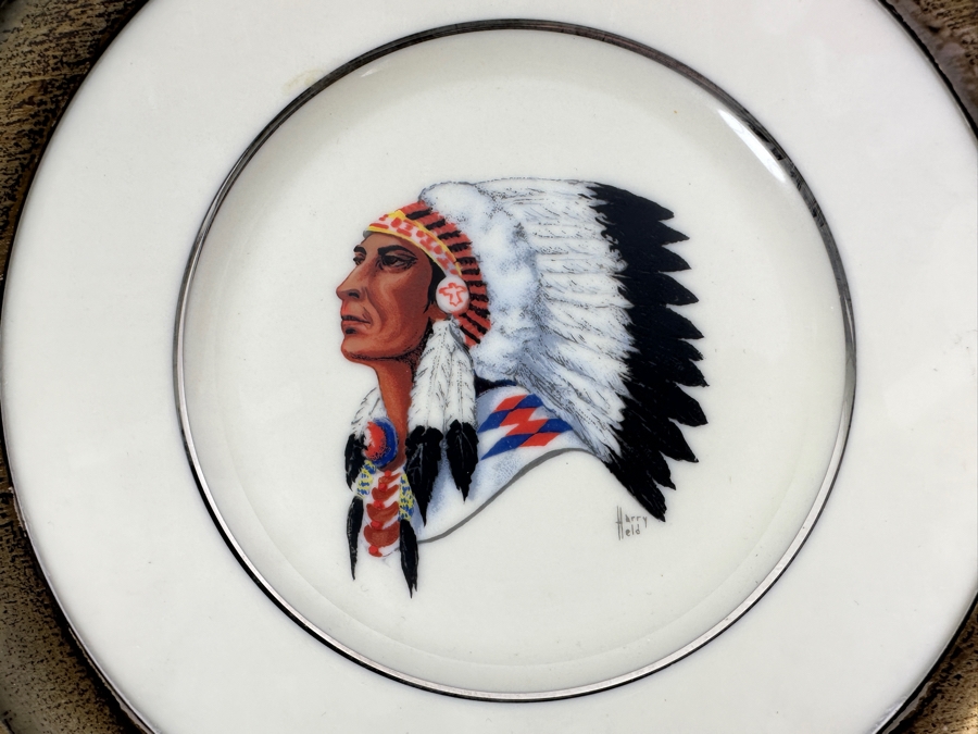 Fisher Sterling Silver Rimmed California Indians Trophy Plate Engraved 'Trapshooting 1964' W/ 8.25' Native American Harry Held Lenox Plate - Plate Weighs Apx 340g (Total Weight 424g) - Apx Sterling Silver Weight Is 84g - Apx Silver Melt Value = $82 [Photo 4]