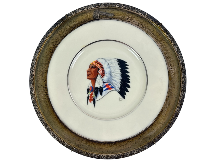 Fisher Sterling Silver Rimmed California Indians Trophy Plate Engraved 'Trapshooting 1964' W/ 8.25' Native American Harry Held Lenox Plate - Plate Weighs Apx 340g (Total Weight 424g) - Apx Sterling Silver Weight Is 84g - Apx Silver Melt Value = $82 [Photo 1]