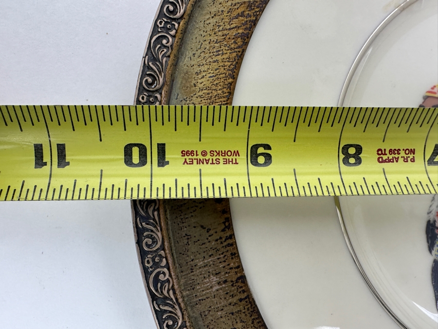 Fisher Sterling Silver Rimmed California Indians Trophy Plate Engraved 'Trapshooting 1964' W/ 8.25' Native American Harry Held Lenox Plate - Plate Weighs Apx 340g (Total Weight 424g) - Apx Sterling Silver Weight Is 84g - Apx Silver Melt Value = $82 [Photo 8]