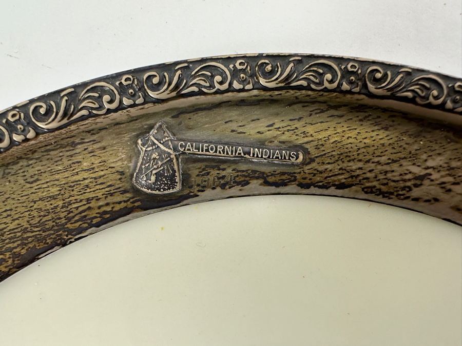 Fisher Sterling Silver Rimmed California Indians Trophy Plate Engraved 'Trapshooting 1964' W/ 8.25' Native American Harry Held Lenox Plate - Plate Weighs Apx 340g (Total Weight 424g) - Apx Sterling Silver Weight Is 84g - Apx Silver Melt Value = $82 [Photo 2]