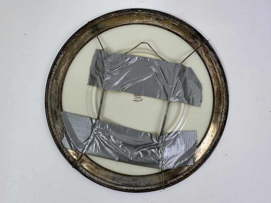 Fisher Sterling Silver Rimmed California Indians Trophy Plate Engraved 'Skeet Shooting 1963' W/ 8.25' Native American Harry Held Lenox Plate - Plate Weighs Apx 340g (Total Weight 448g) - Apx Sterling Silver Weight Is 108g - Apx Silver Melt Value = $106 [Photo 5]