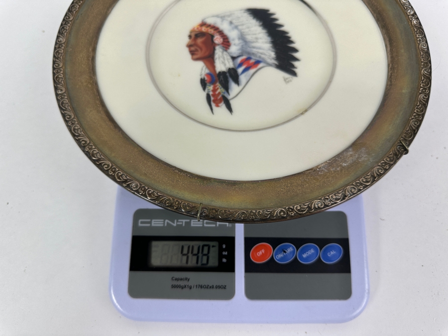 Fisher Sterling Silver Rimmed California Indians Trophy Plate Engraved 'Skeet Shooting 1963' W/ 8.25' Native American Harry Held Lenox Plate - Plate Weighs Apx 340g (Total Weight 448g) - Apx Sterling Silver Weight Is 108g - Apx Silver Melt Value = $106 [Photo 8]