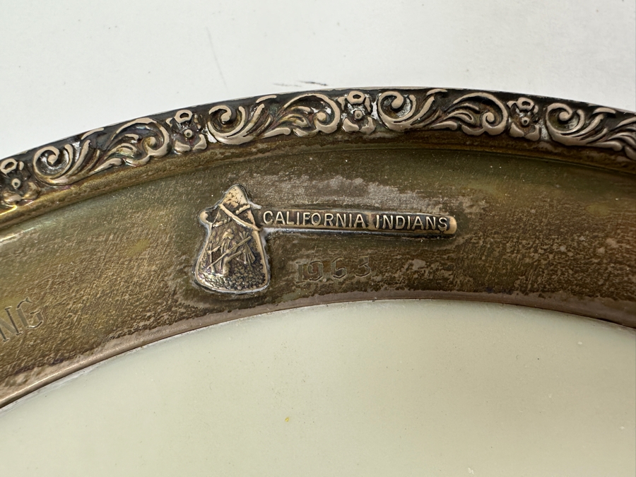 Fisher Sterling Silver Rimmed California Indians Trophy Plate Engraved 'Skeet Shooting 1963' W/ 8.25' Native American Harry Held Lenox Plate - Plate Weighs Apx 340g (Total Weight 448g) - Apx Sterling Silver Weight Is 108g - Apx Silver Melt Value = $106 [Photo 2]