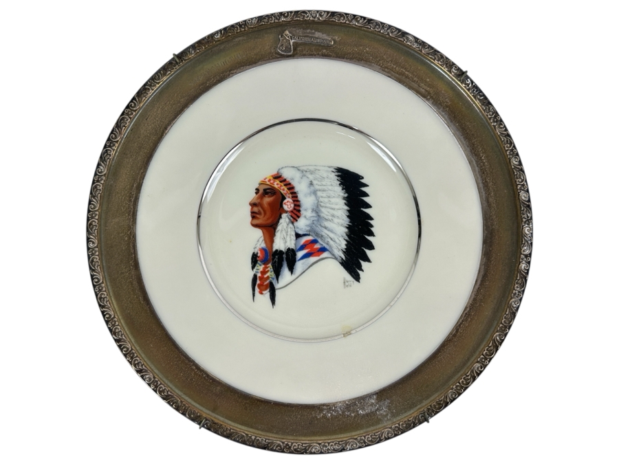 Fisher Sterling Silver Rimmed California Indians Trophy Plate Engraved 'Skeet Shooting 1963' W/ 8.25' Native American Harry Held Lenox Plate - Plate Weighs Apx 340g (Total Weight 448g) - Apx Sterling Silver Weight Is 108g - Apx Silver Melt Value = $106 [Photo 1]