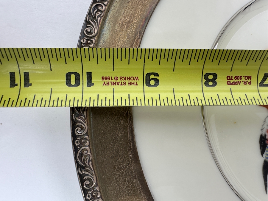 Fisher Sterling Silver Rimmed California Indians Trophy Plate Engraved 'Skeet Shooting 1963' W/ 8.25' Native American Harry Held Lenox Plate - Plate Weighs Apx 340g (Total Weight 448g) - Apx Sterling Silver Weight Is 108g - Apx Silver Melt Value = $106 [Photo 7]