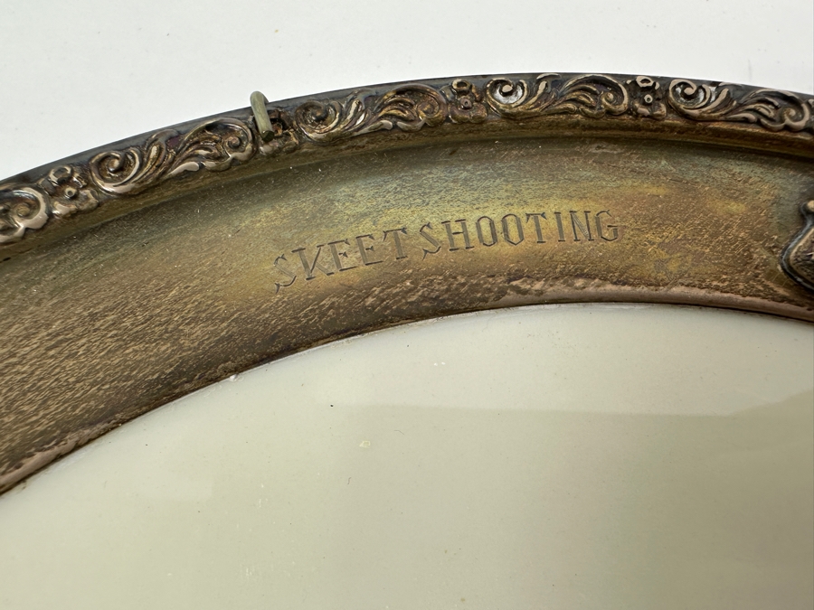 Fisher Sterling Silver Rimmed California Indians Trophy Plate Engraved 'Skeet Shooting 1963' W/ 8.25' Native American Harry Held Lenox Plate - Plate Weighs Apx 340g (Total Weight 448g) - Apx Sterling Silver Weight Is 108g - Apx Silver Melt Value = $106 [Photo 3]