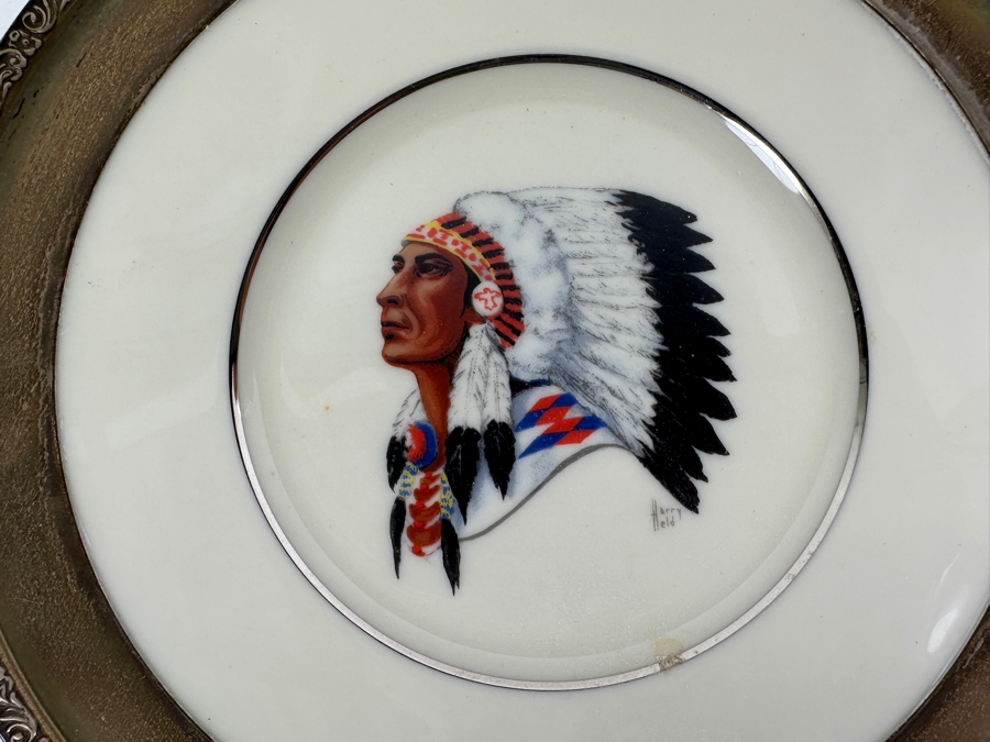 Fisher Sterling Silver Rimmed California Indians Trophy Plate Engraved 'Skeet Shooting 1963' W/ 8.25' Native American Harry Held Lenox Plate - Plate Weighs Apx 340g (Total Weight 448g) - Apx Sterling Silver Weight Is 108g - Apx Silver Melt Value = $106 [Photo 4]