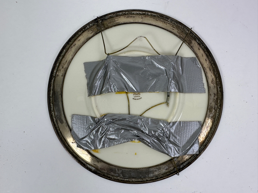 Fisher Sterling Silver Rimmed California Indians Trophy Plate Engraved 'Trapshooting 1963' W/ 8.25' Native American Harry Held Lenox Plate - Plate Weighs Apx 340g (Total Weight 409g) - Apx Sterling Silver Weight Is 108g - Apx Silver Melt Value = $67 [Photo 6]