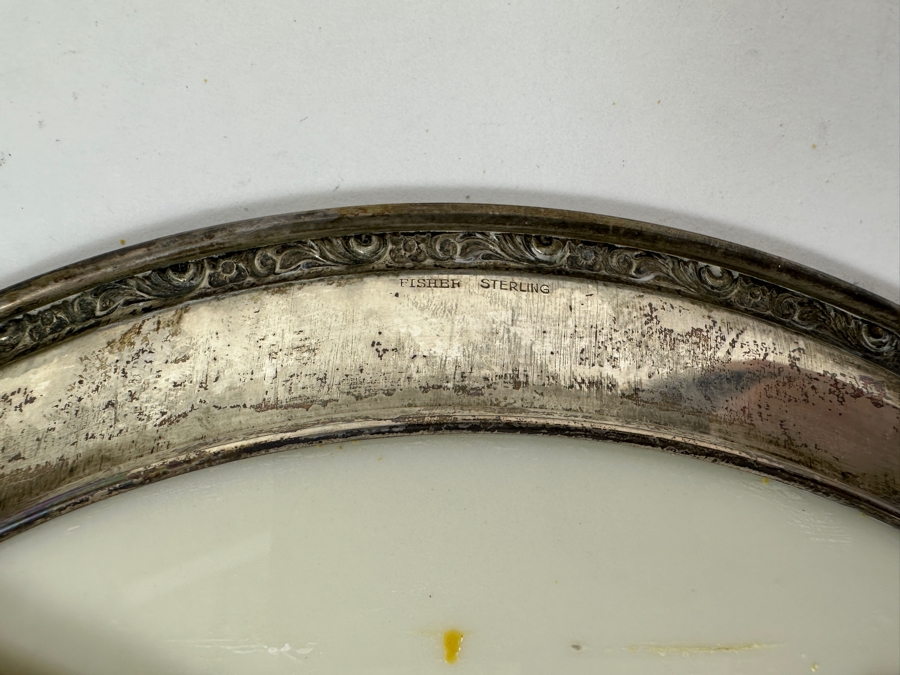 Fisher Sterling Silver Rimmed California Indians Trophy Plate Engraved 'Trapshooting 1963' W/ 8.25' Native American Harry Held Lenox Plate - Plate Weighs Apx 340g (Total Weight 409g) - Apx Sterling Silver Weight Is 108g - Apx Silver Melt Value = $67 [Photo 7]