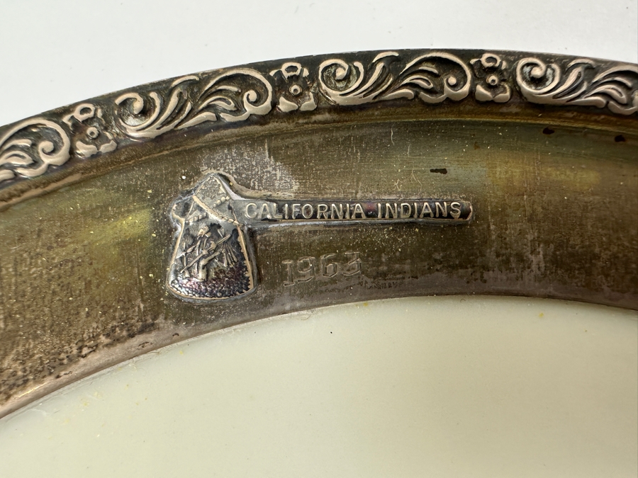 Fisher Sterling Silver Rimmed California Indians Trophy Plate Engraved 'Trapshooting 1963' W/ 8.25' Native American Harry Held Lenox Plate - Plate Weighs Apx 340g (Total Weight 409g) - Apx Sterling Silver Weight Is 108g - Apx Silver Melt Value = $67 [Photo 2]