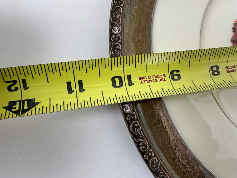 Fisher Sterling Silver Rimmed California Indians Trophy Plate Engraved 'Trapshooting 1963' W/ 8.25' Native American Harry Held Lenox Plate - Plate Weighs Apx 340g (Total Weight 409g) - Apx Sterling Silver Weight Is 108g - Apx Silver Melt Value = $67 [Photo 8]