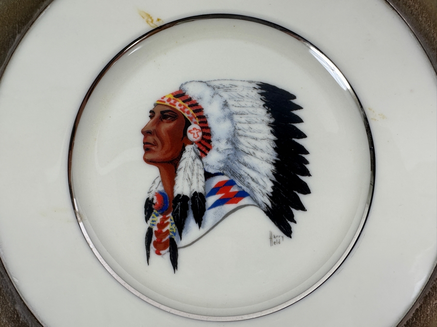 Fisher Sterling Silver Rimmed California Indians Trophy Plate Engraved 'Trapshooting 1963' W/ 8.25' Native American Harry Held Lenox Plate - Plate Weighs Apx 340g (Total Weight 409g) - Apx Sterling Silver Weight Is 108g - Apx Silver Melt Value = $67 [Photo 5]