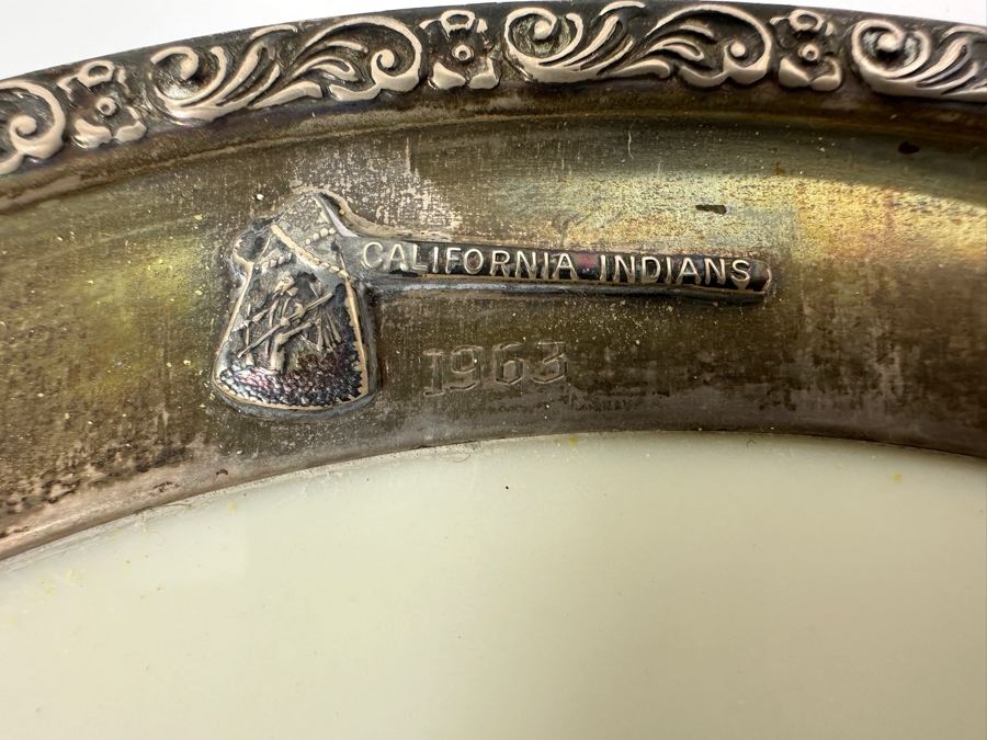 Fisher Sterling Silver Rimmed California Indians Trophy Plate Engraved 'Trapshooting 1963' W/ 8.25' Native American Harry Held Lenox Plate - Plate Weighs Apx 340g (Total Weight 409g) - Apx Sterling Silver Weight Is 108g - Apx Silver Melt Value = $67 [Photo 3]