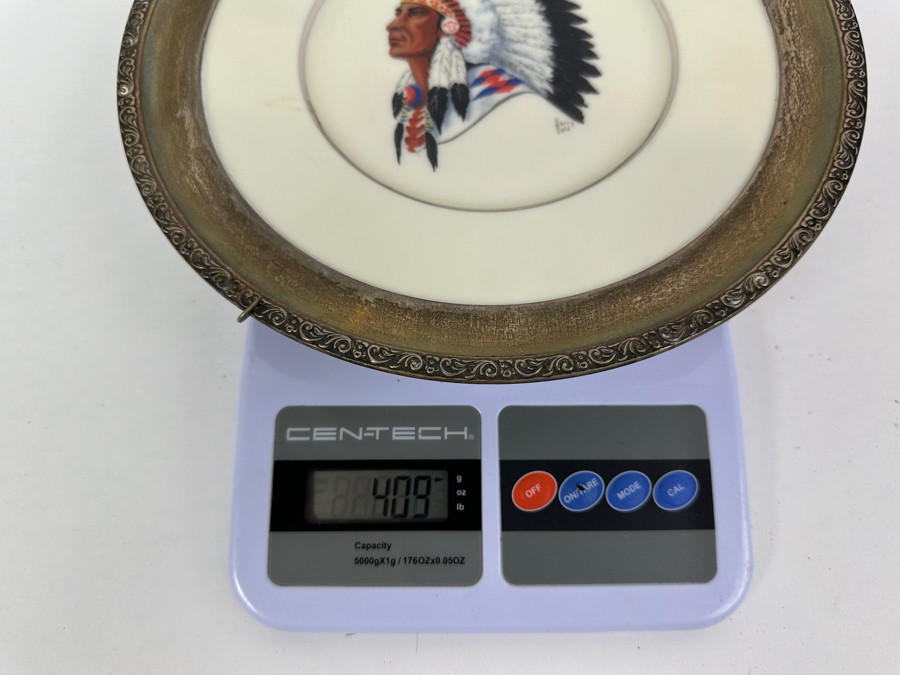 Fisher Sterling Silver Rimmed California Indians Trophy Plate Engraved 'Trapshooting 1963' W/ 8.25' Native American Harry Held Lenox Plate - Plate Weighs Apx 340g (Total Weight 409g) - Apx Sterling Silver Weight Is 108g - Apx Silver Melt Value = $67 [Photo 9]