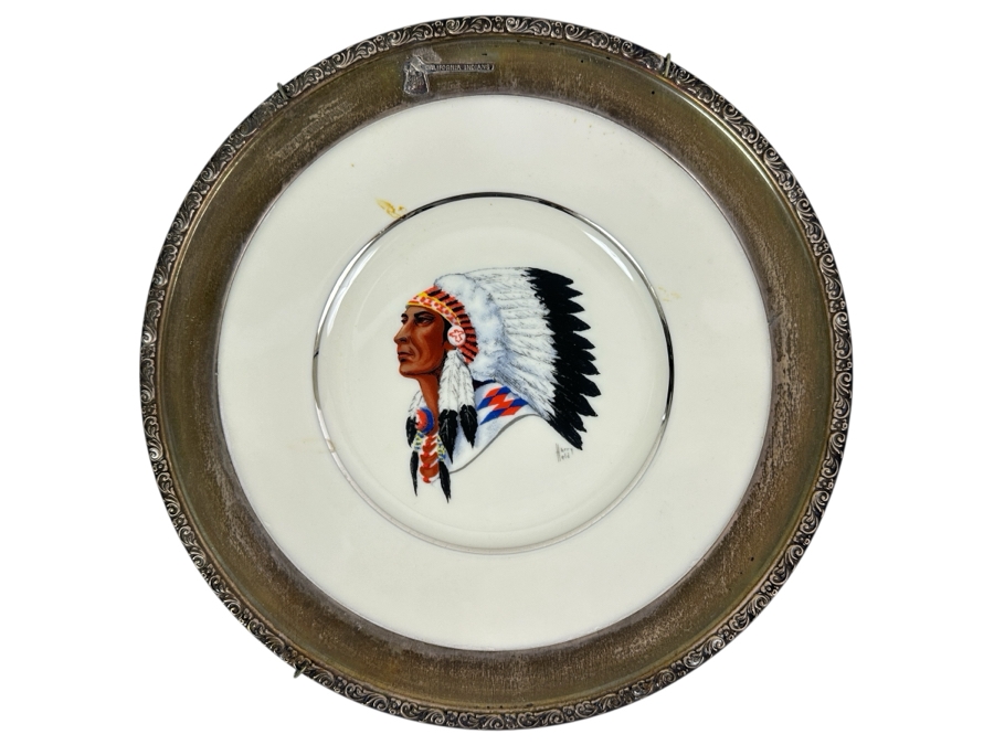 Fisher Sterling Silver Rimmed California Indians Trophy Plate Engraved 'Trapshooting 1963' W/ 8.25' Native American Harry Held Lenox Plate - Plate Weighs Apx 340g (Total Weight 409g) - Apx Sterling Silver Weight Is 108g - Apx Silver Melt Value = $67 [Photo 1]