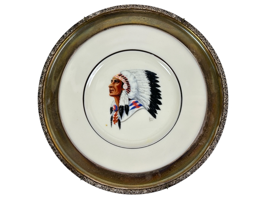 Fisher Sterling Silver Rimmed California Indians Trophy Plate W/ 8.25' Native American Harry Held Lenox Plate - Plate Weighs Apx 340g (Total Weight 430g) - Apx Sterling Silver Weight Is 90g - Apx Silver Melt Value = $88 [Photo 1]