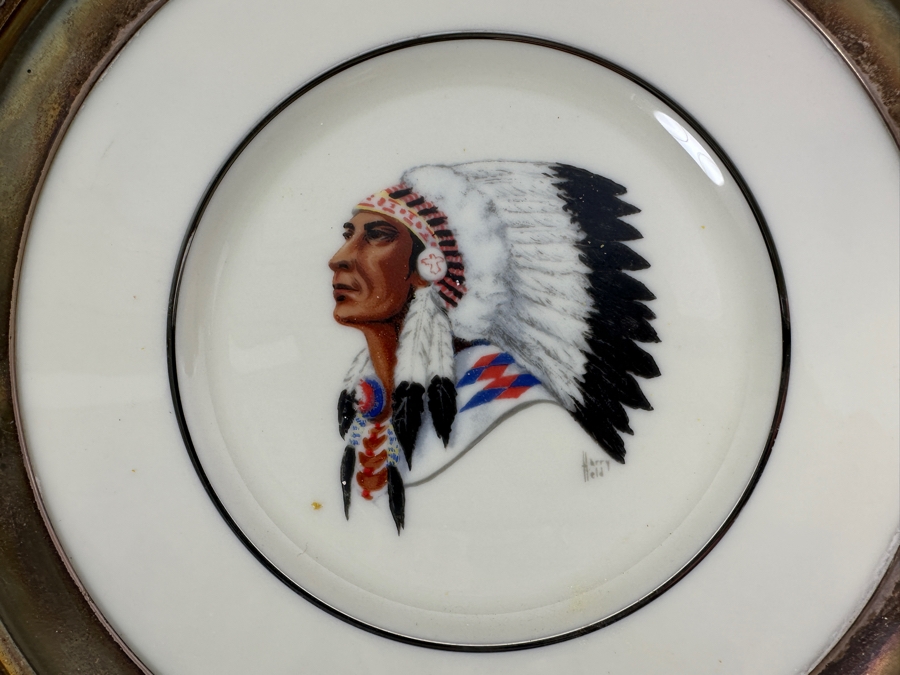 Fisher Sterling Silver Rimmed California Indians Trophy Plate W/ 8.25' Native American Harry Held Lenox Plate - Plate Weighs Apx 340g (Total Weight 430g) - Apx Sterling Silver Weight Is 90g - Apx Silver Melt Value = $88 [Photo 2]