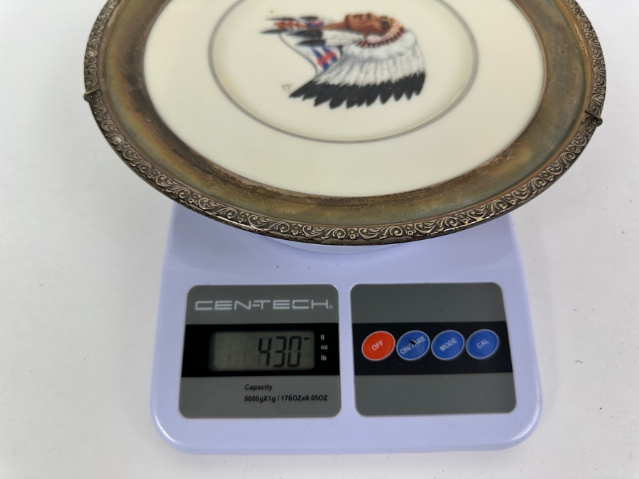 Fisher Sterling Silver Rimmed California Indians Trophy Plate W/ 8.25' Native American Harry Held Lenox Plate - Plate Weighs Apx 340g (Total Weight 430g) - Apx Sterling Silver Weight Is 90g - Apx Silver Melt Value = $88 [Photo 6]