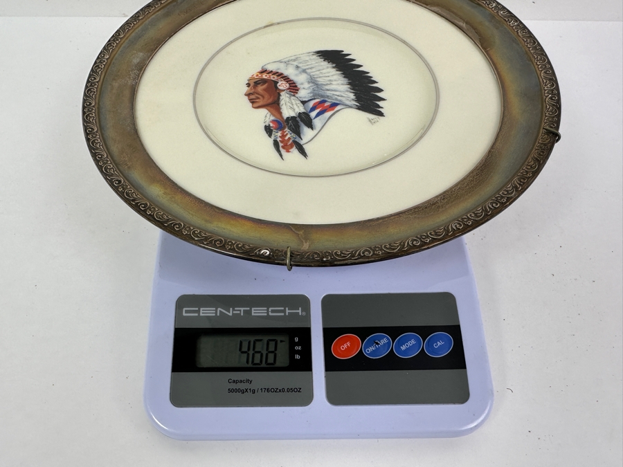 Fisher Sterling Silver Rimmed California Indians Trophy Plate Engraved 'Skeet' W/ 8.25' Native American Harry Held Lenox Plate - Plate Weighs Apx 340g (Total Weight 468g) - Apx Sterling Silver Weight Is 128g - Apx Silver Melt Value = $125 [Photo 8]