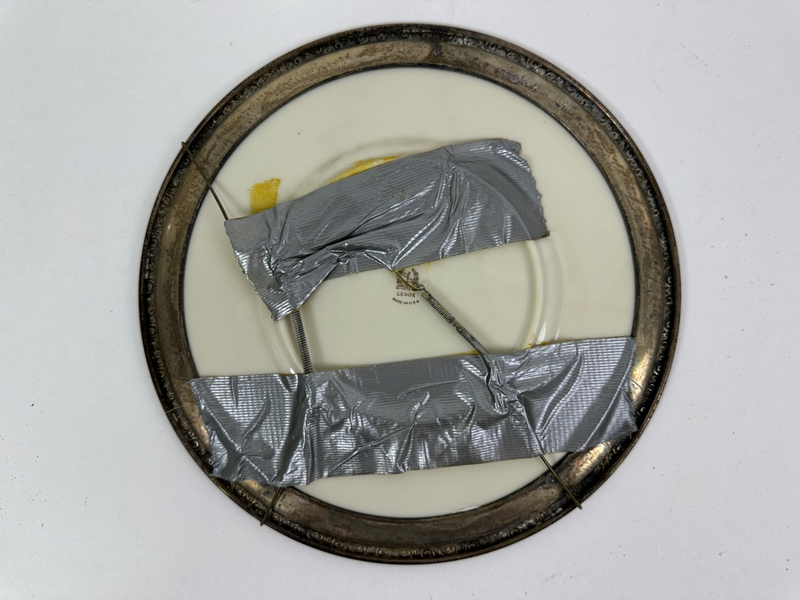 Fisher Sterling Silver Rimmed California Indians Trophy Plate Engraved 'Skeet' W/ 8.25' Native American Harry Held Lenox Plate - Plate Weighs Apx 340g (Total Weight 468g) - Apx Sterling Silver Weight Is 128g - Apx Silver Melt Value = $125 [Photo 5]