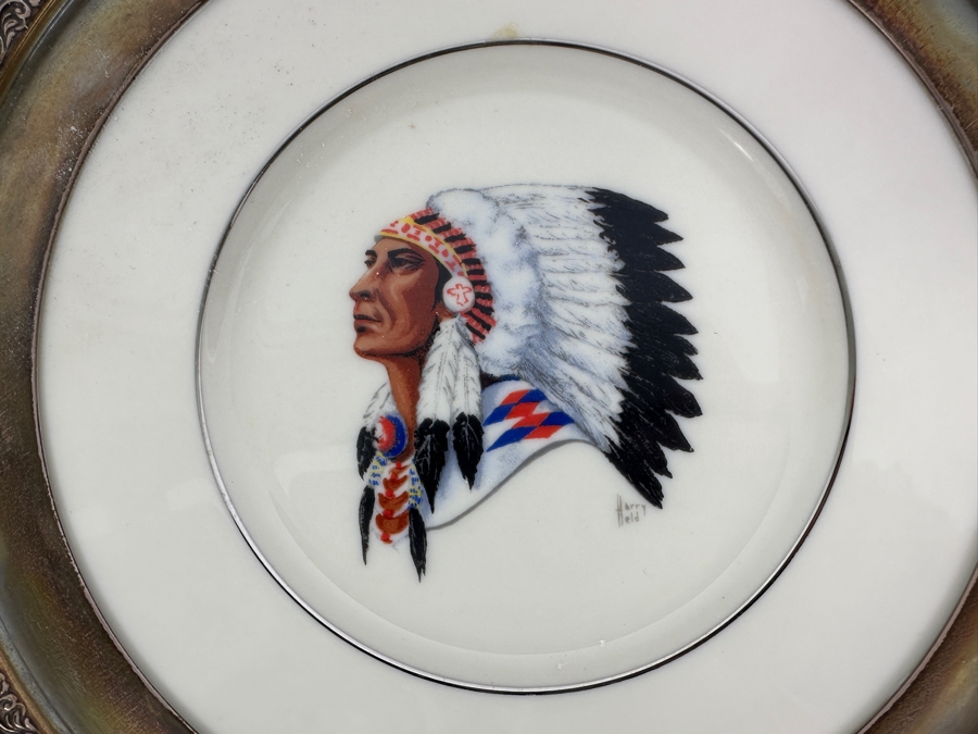Fisher Sterling Silver Rimmed California Indians Trophy Plate Engraved 'Skeet' W/ 8.25' Native American Harry Held Lenox Plate - Plate Weighs Apx 340g (Total Weight 468g) - Apx Sterling Silver Weight Is 128g - Apx Silver Melt Value = $125 [Photo 4]