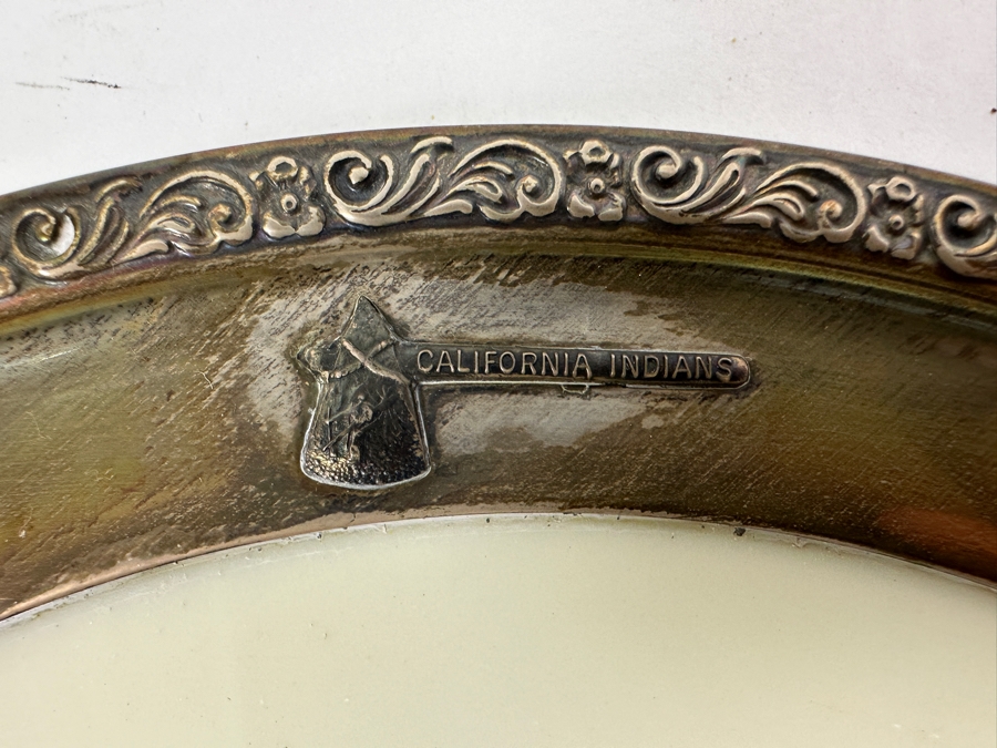 Fisher Sterling Silver Rimmed California Indians Trophy Plate Engraved 'Skeet' W/ 8.25' Native American Harry Held Lenox Plate - Plate Weighs Apx 340g (Total Weight 468g) - Apx Sterling Silver Weight Is 128g - Apx Silver Melt Value = $125 [Photo 2]