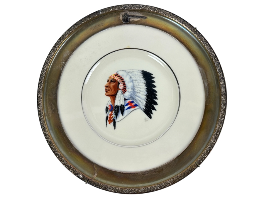 Fisher Sterling Silver Rimmed California Indians Trophy Plate Engraved 'Skeet' W/ 8.25' Native American Harry Held Lenox Plate - Plate Weighs Apx 340g (Total Weight 468g) - Apx Sterling Silver Weight Is 128g - Apx Silver Melt Value = $125 [Photo 1]
