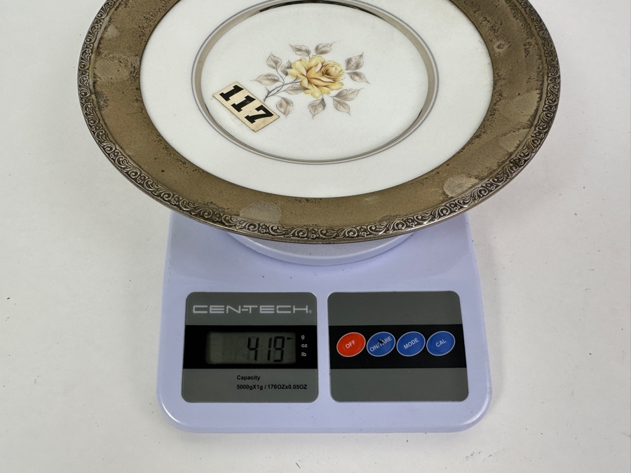 Fisher Sterling Silver Rimmed California Indians Trophy Plate Engraved 'Trapshooting' Sharon By Lenox Plate - Plate Weighs Apx 340g (Total Weight 419g) - Apx Sterling Silver Weight Is 79g - Apx Silver Melt Value = $77 [Photo 9]