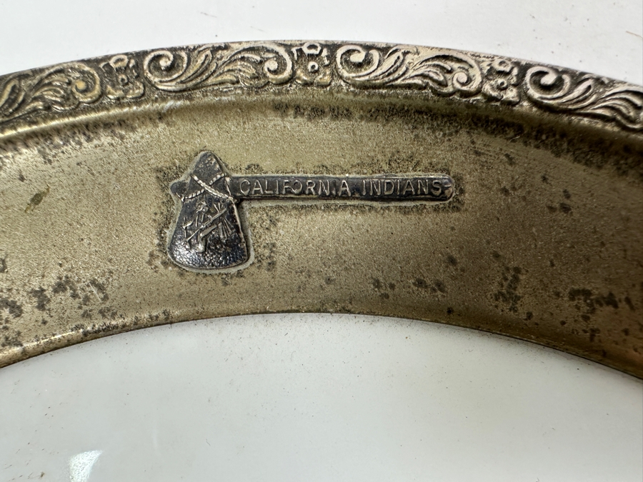 Fisher Sterling Silver Rimmed California Indians Trophy Plate Engraved 'Trapshooting' Sharon By Lenox Plate - Plate Weighs Apx 340g (Total Weight 419g) - Apx Sterling Silver Weight Is 79g - Apx Silver Melt Value = $77 [Photo 2]