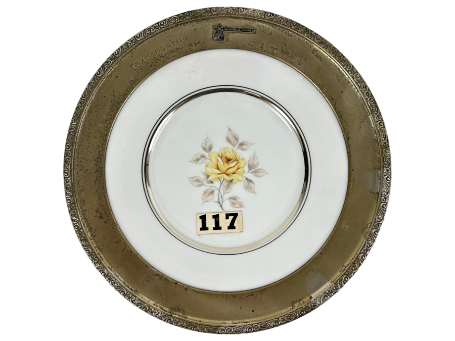 Fisher Sterling Silver Rimmed California Indians Trophy Plate Engraved 'Trapshooting' Sharon By Lenox Plate - Plate Weighs Apx 340g (Total Weight 419g) - Apx Sterling Silver Weight Is 79g - Apx Silver Melt Value = $77 [Photo 1]