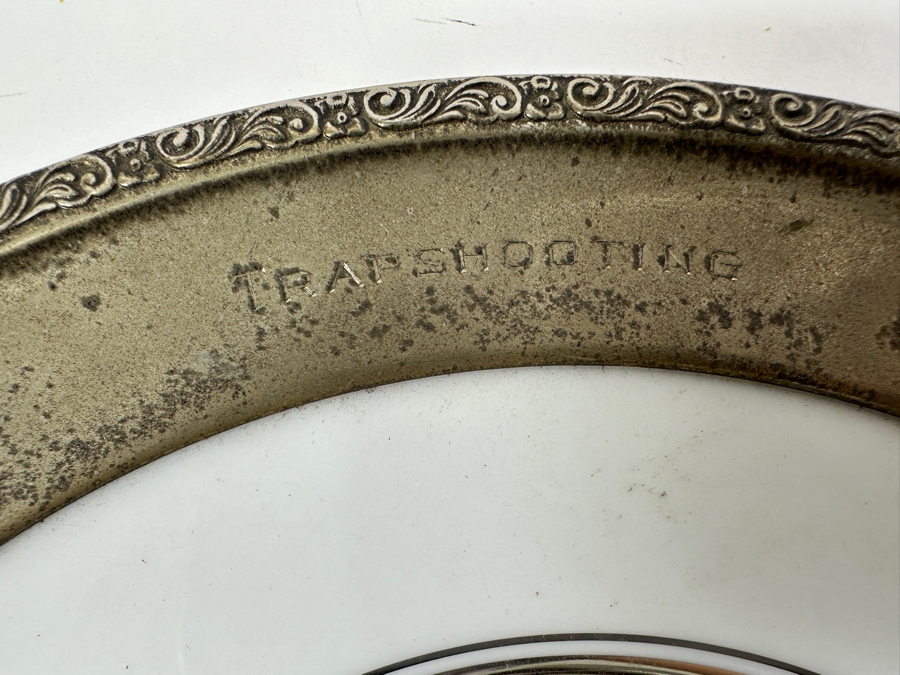 Fisher Sterling Silver Rimmed California Indians Trophy Plate Engraved 'Trapshooting' Sharon By Lenox Plate - Plate Weighs Apx 340g (Total Weight 419g) - Apx Sterling Silver Weight Is 79g - Apx Silver Melt Value = $77 [Photo 3]