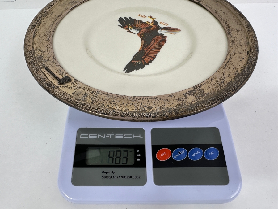 Fisher Sterling Silver Rimmed California Indians Trophy Plate Made Expressly For California Indians By Ridgewood Fine China Plate - Plate Weighs Apx 340g (Total Weight 483g) - Apx Sterling Silver Weight Is 143g - Apx Silver Melt Value = $132 [Photo 8]