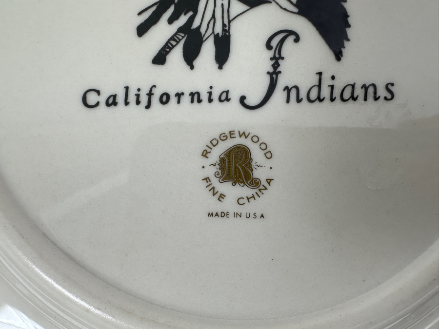 Fisher Sterling Silver Rimmed California Indians Trophy Plate Made Expressly For California Indians By Ridgewood Fine China Plate - Plate Weighs Apx 340g (Total Weight 483g) - Apx Sterling Silver Weight Is 143g - Apx Silver Melt Value = $132 [Photo 6]