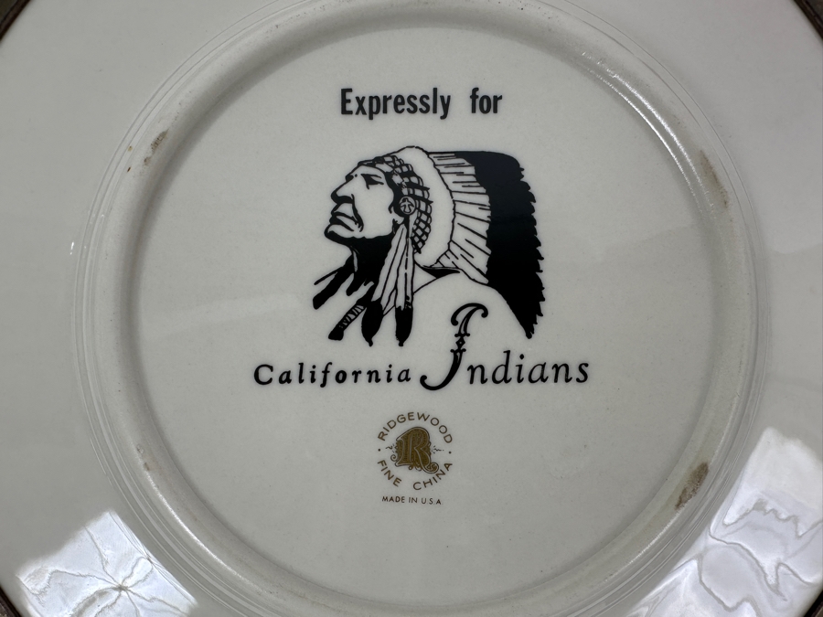 Fisher Sterling Silver Rimmed California Indians Trophy Plate Made Expressly For California Indians By Ridgewood Fine China Plate - Plate Weighs Apx 340g (Total Weight 483g) - Apx Sterling Silver Weight Is 143g - Apx Silver Melt Value = $132 [Photo 5]