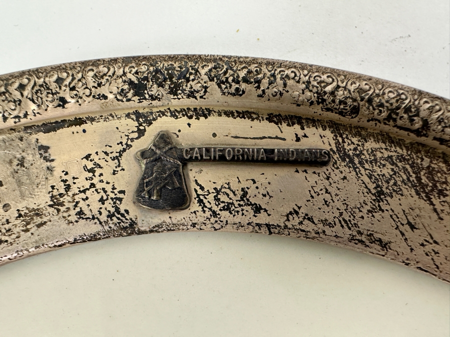 Fisher Sterling Silver Rimmed California Indians Trophy Plate Made Expressly For California Indians By Ridgewood Fine China Plate - Plate Weighs Apx 340g (Total Weight 483g) - Apx Sterling Silver Weight Is 143g - Apx Silver Melt Value = $132 [Photo 2]