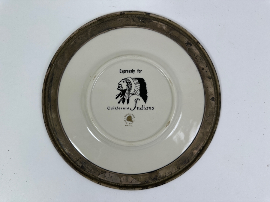 Fisher Sterling Silver Rimmed California Indians Trophy Plate Made Expressly For California Indians By Ridgewood Fine China Plate - Plate Weighs Apx 340g (Total Weight 483g) - Apx Sterling Silver Weight Is 143g - Apx Silver Melt Value = $132 [Photo 4]