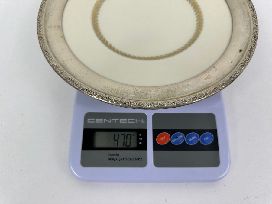 Fisher Sterling Silver Rimmed California Indians Trophy Plate Engraved 'Trapshooting 1966' Imperial By Lenox Plate - Plate Weighs Apx 340g (Total Weight 470g) - Apx Sterling Silver Weight Is 130g - Apx Silver Melt Value = $127 [Photo 8]