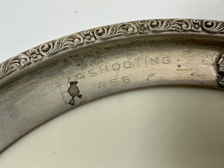Fisher Sterling Silver Rimmed California Indians Trophy Plate Engraved 'Trapshooting 1966' Imperial By Lenox Plate - Plate Weighs Apx 340g (Total Weight 470g) - Apx Sterling Silver Weight Is 130g - Apx Silver Melt Value = $127 [Photo 3]